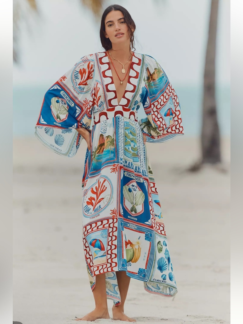 Womens Multicolor V-Neck Beach Cover-Up Kaftan